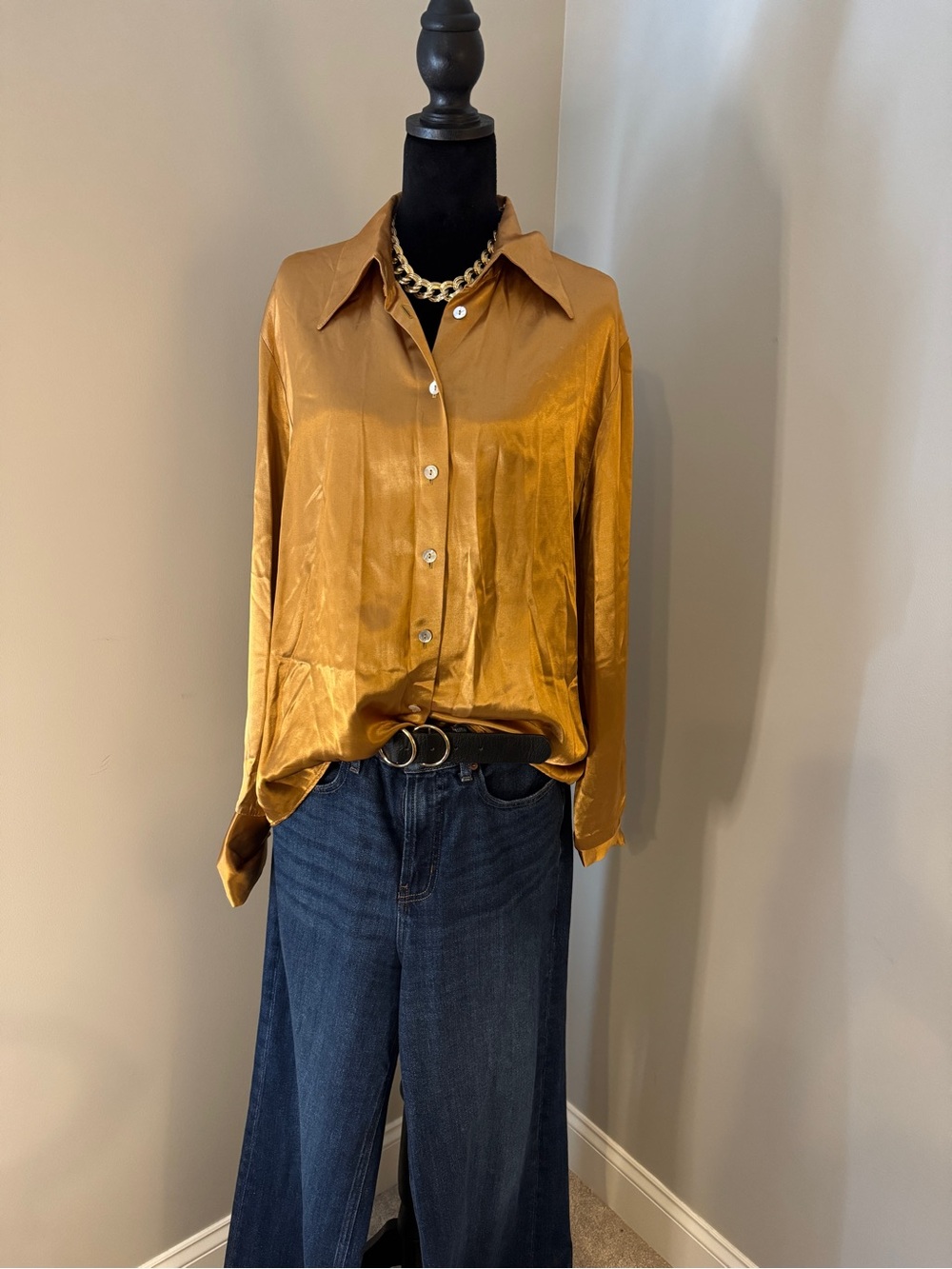 Moda International Satin Button-Down Shirt in Mustard Gold